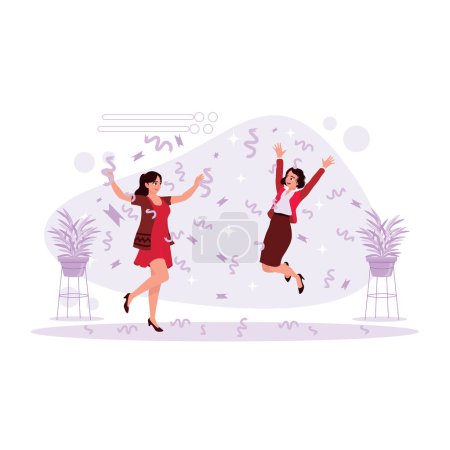 Illustration for Two women are jumping and celebrating happiness by throwing confetti. Trend Modern vector flat illustration. - Royalty Free Image