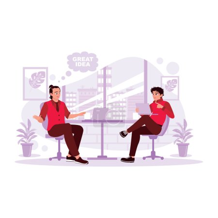 Illustration for Mature business people are sitting together discussing business information using digital tablets. Trend Modern vector flat illustration. - Royalty Free Image