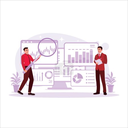 Illustration for Business people are doing data business analysis and data management systems with KPIs and metrics. Trend Modern vector flat illustration. - Royalty Free Image