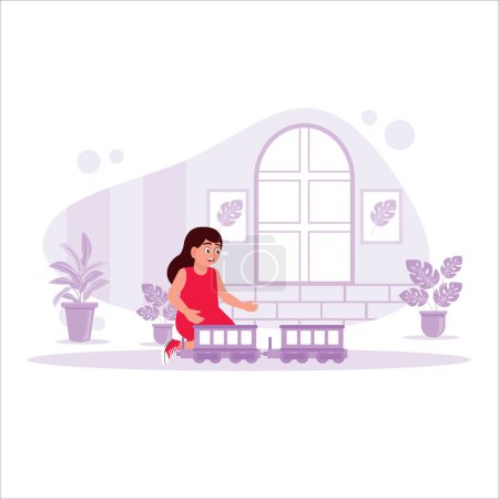Téléchargez les illustrations : Fille gaie jouant train jouet dans la maison. Tendance Illustration plate vectorielle moderne. - en licence libre de droit