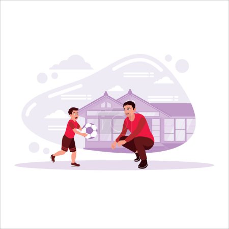 Téléchargez les illustrations : Père et son petit fils jouent au football ensemble dans la cour. Tendance Illustration plate vectorielle moderne. - en licence libre de droit
