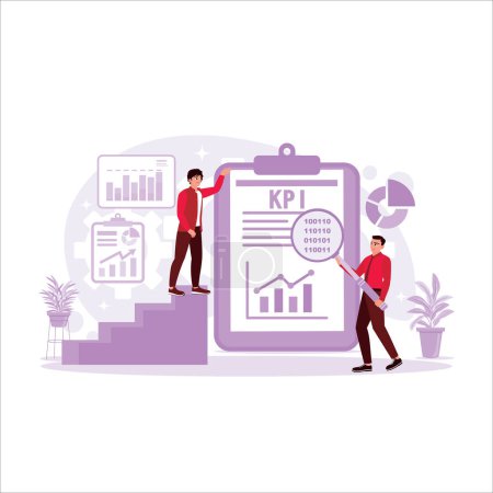 Illustration for Businessman analyzing business and management data connected with KPI financial and marketing charts and graphs. Trend Modern vector flat illustration. - Royalty Free Image