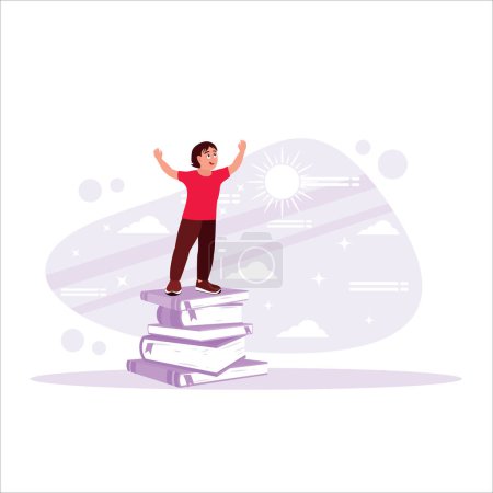 Illustration for Boy standing on top of a tower of books, excited to return to school. Education and reading concepts. Trend Modern vector flat illustration. - Royalty Free Image