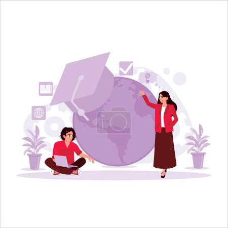 Illustration for Studying student and graduation caps over the globe. Concept of education abroad and global business studies. Trend Modern vector flat illustration. - Royalty Free Image