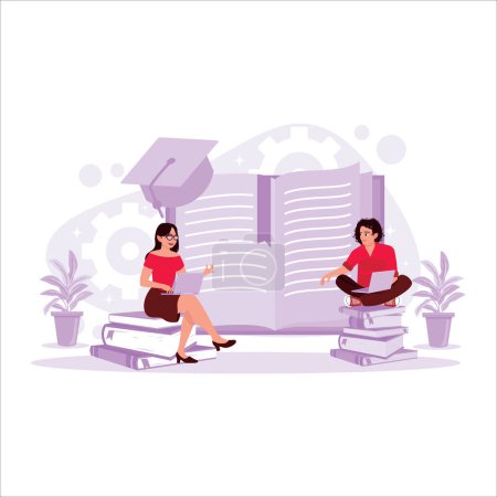 Illustration for Students study together and discuss various piles of books. Trend Modern vector flat illustration. - Royalty Free Image