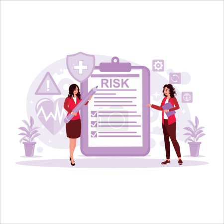 Illustration for The manager holds the pen and the risk matrix form. Industrial and safety risk assessment concept. Trend Modern vector flat illustration. - Royalty Free Image