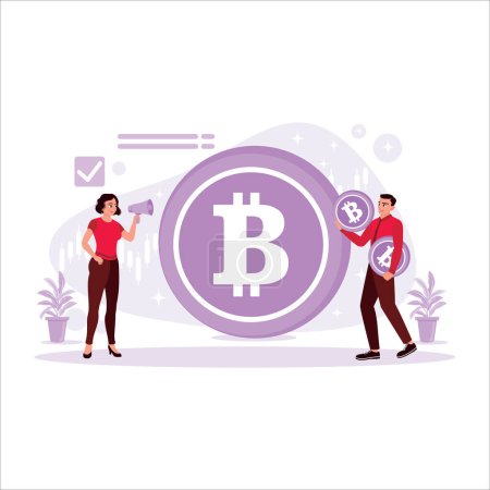 Illustration for Woman with a megaphone and a man with Bitcoin. Money and Bitcoin investment concept. Trend Modern vector flat illustration. - Royalty Free Image