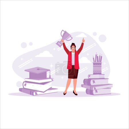 Illustration for Students are smiling and carrying trophies against piles of books, graduation caps, and pencil cases. Trend Modern vector flat illustration. - Royalty Free Image