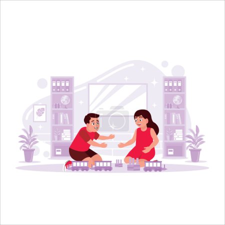 Illustration for Children are playing with toy trains together in the playroom. Trend Modern vector flat illustration. - Royalty Free Image