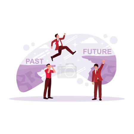 Illustration for Entrepreneurs who jump from the precipice of the past to the precipice of the future. Fix it and move on to the concept. Trend Modern vector flat illustration. - Royalty Free Image