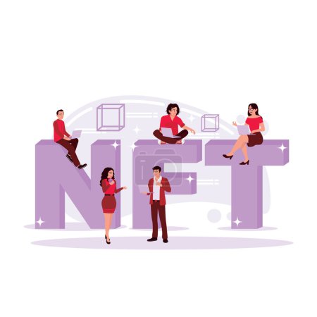 Illustration for Group of young businesspeople using a laptop with NFT inscription and data blocks. Blockchain and crypto art concept. Trend Modern vector flat illustration. - Royalty Free Image