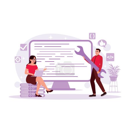 Illustration for Programmers work seriously and develop technology and coding. Trend Modern vector flat illustration. - Royalty Free Image