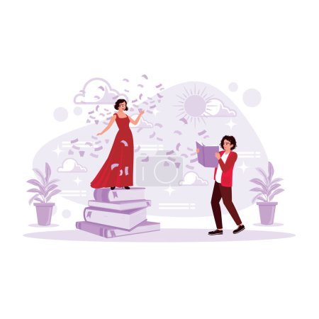 Illustration for The woman in a beautiful dress is standing on a pile of books with confetti, and pia opening a book. Trend Modern vector flat illustration. - Royalty Free Image