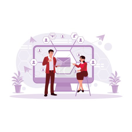 Illustration for The marketing team checks emails and sms from the client list. Direct selling concept in business. Trend Modern vector flat illustration. - Royalty Free Image