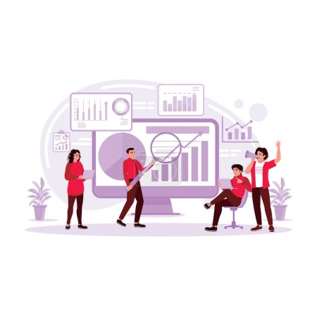 Illustration for The marketing team discussed and brainstormed on the financial charts and graphs on the screen. Marketing concept. Trend Modern vector flat illustration. - Royalty Free Image