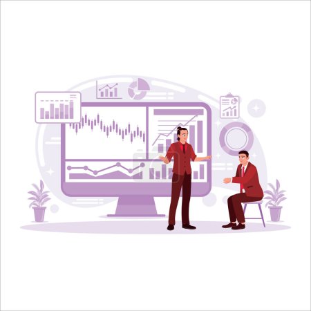 Ilustración de Gerente de comercio financiero realiza análisis del mercado de valores para la estrategia de inversión con datos financieros y gráficos. Tendencia Moderno vector ilustración plana - Imagen libre de derechos