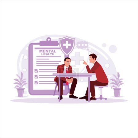 Illustration for Male patients consult a doctor or psychiatrist about their mental illness or disorder at the health service center. Trend modern vector flat illustration. - Royalty Free Image