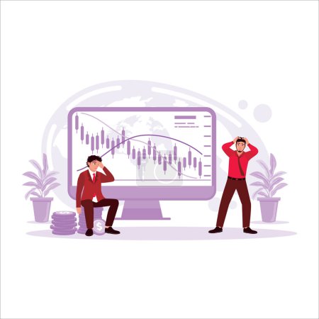 Illustration for Businessman holding head with the screen of the declining stock market business chart. Trend Modern vector flat illustration - Royalty Free Image
