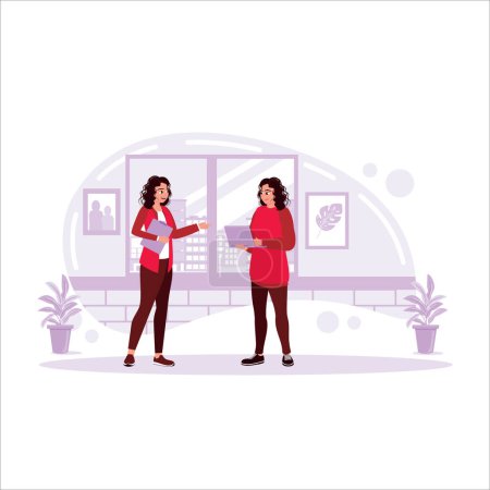 Illustration for Happy smiling businesswomen, talking and working together in the office. Trend Modern vector flat illustration - Royalty Free Image