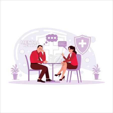 Illustration for Male patients consult a professional doctor or psychologist. The psychologist asks several questions to the patient. Trend modern vector flat illustration. - Royalty Free Image