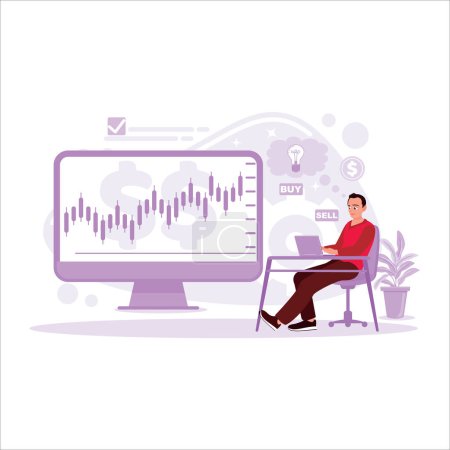 Illustration for Businessman, with his laptop, opens the investment stock market and looks at stock charts. Trend Modern vector flat illustration. - Royalty Free Image