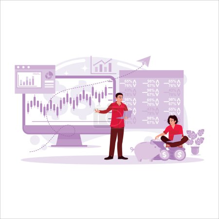 Illustration for Stock market traders look at the ticker numbers and charts of continuously rising stocks. Perform data analysis and sales. Trend Modern vector flat illustration - Royalty Free Image