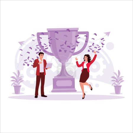 Illustration for Two happy workers celebrate success in the office, with the big trophy in the background. Trend modern vector flat illustration. - Royalty Free Image