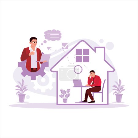 Illustration for A male worker sits in front of a laptop inside the house, having a meeting with his friend online. Trend Modern vector flat illustration - Royalty Free Image