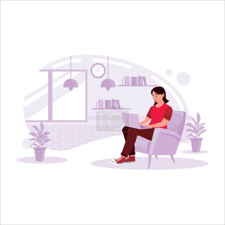 Illustration for Happy working woman sitting in front of the laptop, relaxing after a long day in the comfortable home office. Trend Modern vector flat illustration - Royalty Free Image
