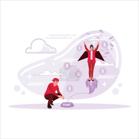 Illustration for Male businessman pushing the button to fly businesswoman using a jet pack. Girl with Rocket in Back Reaches New Level of Development, Career Boost. Trend Modern vector flat illustration - Royalty Free Image