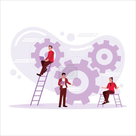 Illustration for Workflow concept. A group of entrepreneurs with a gear background. Well-organized work processes. Trend Modern vector flat illustration - Royalty Free Image