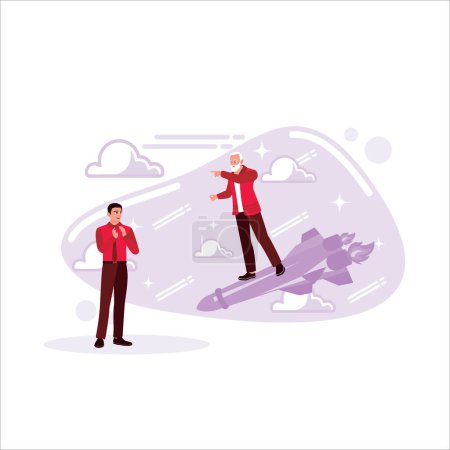 Illustration for A retired man is standing on a rocket. Old Man Flying on a Rocket. Start Up and Project Launch Concept. Trend Modern vector flat illustration - Royalty Free Image