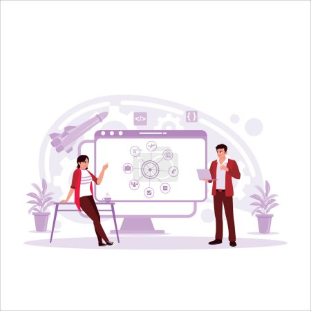 Illustration for Workflow concept. The concept of agile development methodology on virtual screens. The worker is touching the screen. Trend Modern vector flat illustration - Royalty Free Image