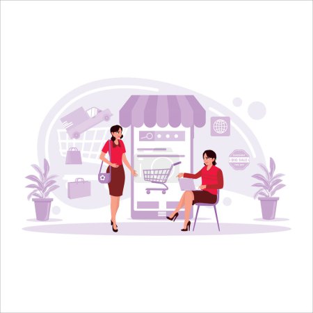 Illustration for Internet virtual shopping, e-commerce, digital marketing. Women are buying goods on-site, using a laptop. Online shopping concept. Trend Modern vector flat illustration - Royalty Free Image