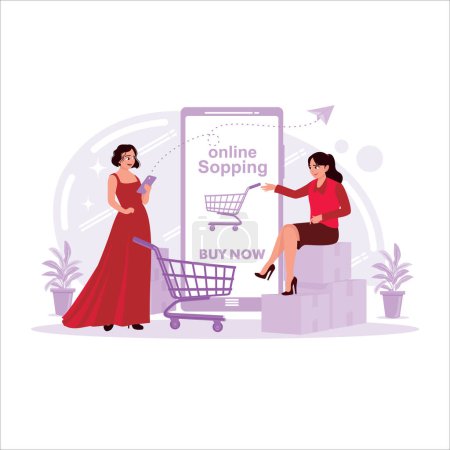 Illustration for Online shopping concept. Two women with shopping boxes and bags in front of a Smartphone Online Shopping screen. Trend Modern vector flat illustration - Royalty Free Image