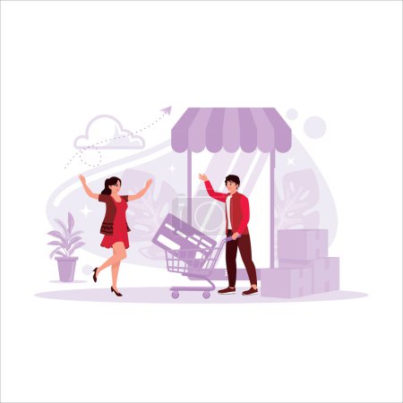 Illustration for Happy free woman shopping on the internet with her husband. Online payment concept. Trend Modern vector flat illustration - Royalty Free Image