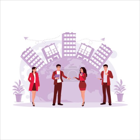 Illustration for Team members stand against the backdrop of the city during the day. International company concept. Illustration of international cooperation. Trend Modern vector flat illustration - Royalty Free Image
