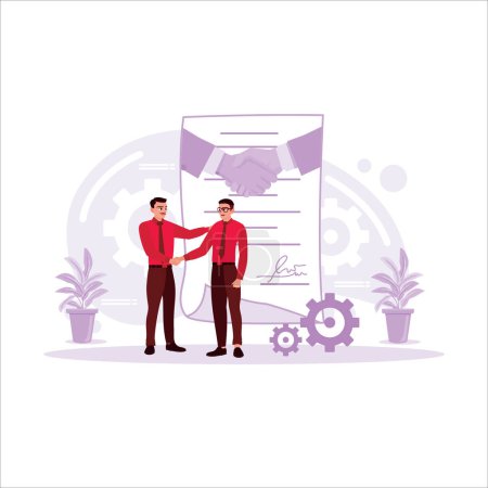 Illustration for Business people shaking hands Two businessmen are shaking hands in the office. Business people sign official letters while reaching a joint business agreement. Trend Modern vector flat illustration - Royalty Free Image