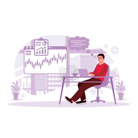 Illustration for Young businessman working with a laptop while sitting in front of his computer screen with trading charts. Stock trading concept.Trend Modern vector flat illustration - Royalty Free Image