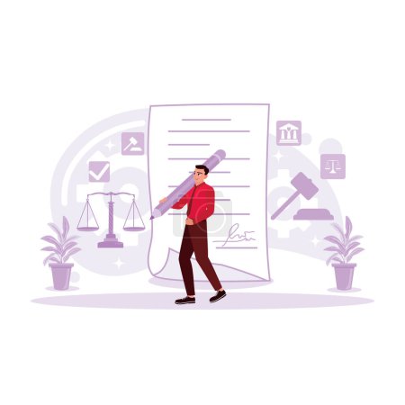 Illustration for A man holding a large pencil signing an employment contract and weighing scales beside him. Justice and law, lawyers, court judges. Court decision. Trend Modern vector flat illustration - Royalty Free Image