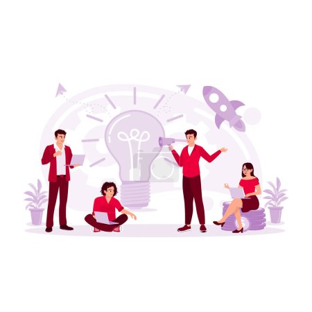 Illustration for Teamwork. Young woman, businesswoman, man, financial analyst, or clerk in business clothes. Concept of finance, economy, professional work. Trend Modern vector flat illustration - Royalty Free Image
