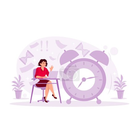 Illustration for A female employee sits in front of a computer and a pile of papers next to her is a giant clock. Continuous worker concept. employees rush to finish many paperwork within deadline. Trend Modern vector flat illustration - Royalty Free Image