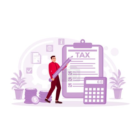 Illustration for Businessman with a large pencil filling out a tax return form. Government tax document form filled out to get financial payment. Trend Modern vector flat illustration - Royalty Free Image