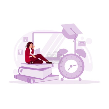 Illustration for The concept of deadline. The character is afraid of not being able to finish the project on time. Fatigue and emotional exhaustion. stressed student preparing for exam. Trend Modern vector flat illustration - Royalty Free Image