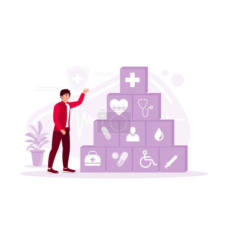 Ilustración de Hombre apilando un bloque de madera gigante con algunos iconos médicos de salud. Concepto de seguro médico. Tendencia Moderno vector ilustración plana - Imagen libre de derechos