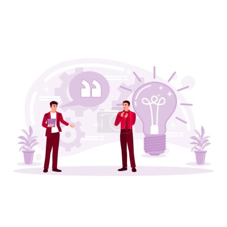 Illustration for The CEO of a startup introduces a new product to his business colleagues. Lecturer on discoveries. Trend Modern vector flat illustration - Royalty Free Image