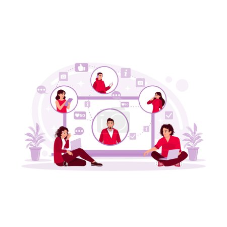 Illustration for People connect and share social media. People use social media apps on their smartphones and share content online. Trend Modern vector flat illustration - Royalty Free Image