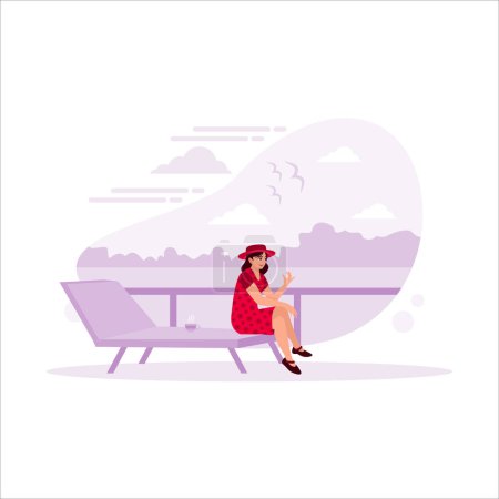 Illustration for A young woman is sitting near the pond and enjoying the view of a luxury resort. Staycation concept. Trend Modern vector flat illustration - Royalty Free Image