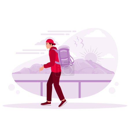Illustration for A young man is walking along the beach against a background of mountains, and the sun is shining. Travel and vacation concept. Trend Modern vector flat illustration - Royalty Free Image