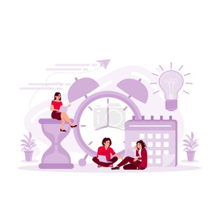Illustration for Small entrepreneurs are in front of clocks, calendars, and large hourglasses, writing down business plans that will go through. Time management concept. Trend Modern vector flat illustration - Royalty Free Image